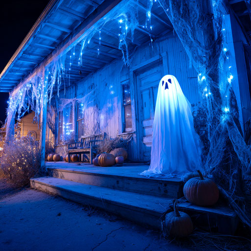 A Spooky Blue-Lit Halloween Decoration at Night