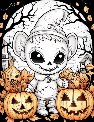 Halloween coloring pages on the BBC, in the style of kawaii charm