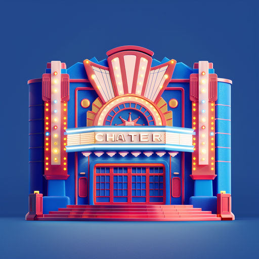 Realistic movie theater on flat royal blue background