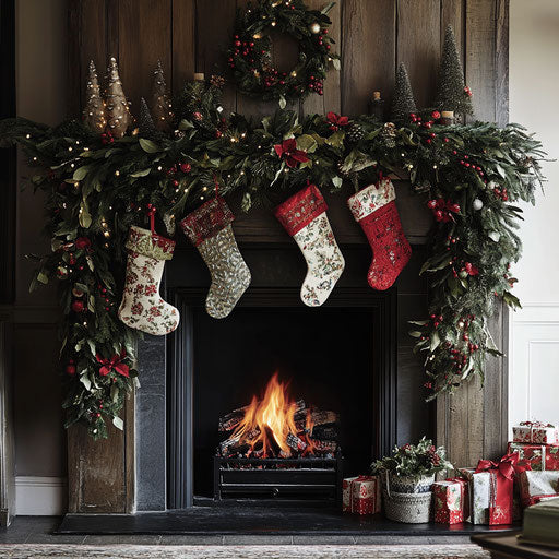 Decorated Christmas garland over fireplace with crackling fire