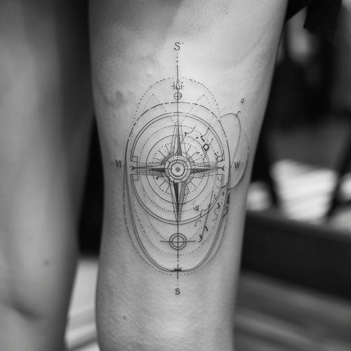 Fine line compass tattoo inspired by Peter Jackson