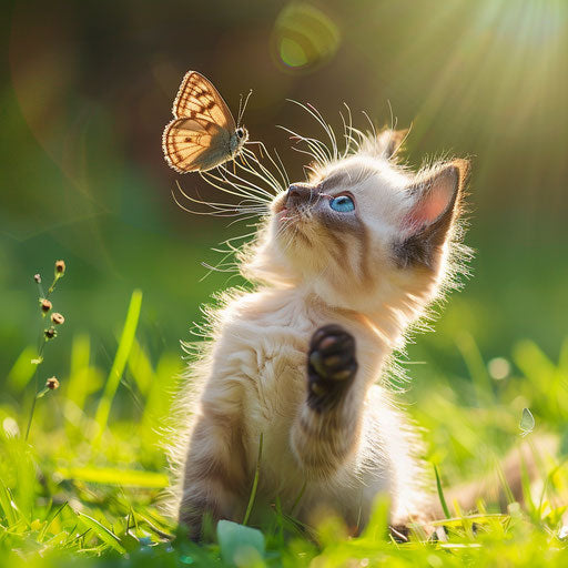 Himalayan kitten playing with a butterfly in a sunny garden
