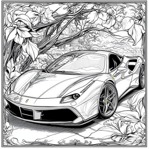 Ferrari with natural elements, Detmold style, realistic coloring page