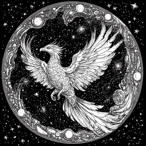 Galaxy with a celestial phoenix, Stephen Wiltshire style, coloring