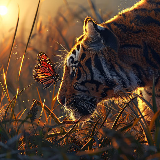 Delicate balance: tiger and butterfly in the sunshine