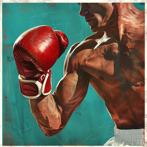 Realistic boxing clipart with teal flat background, vibrant contrasts, detailed textures
