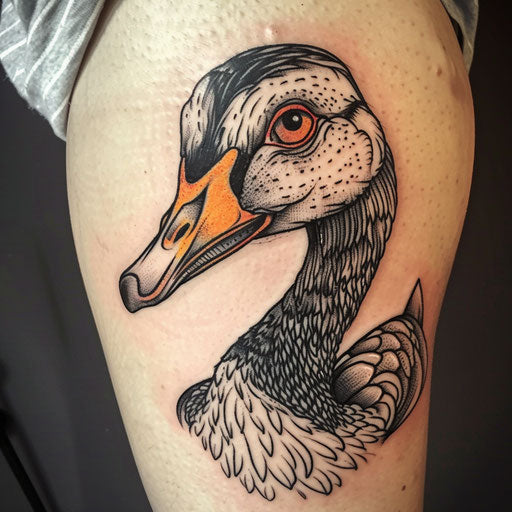 Dramatic tattoo sketch of a goose's head with intense eyes