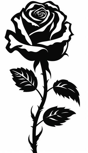 Black drawing of a rose in cut-out style
