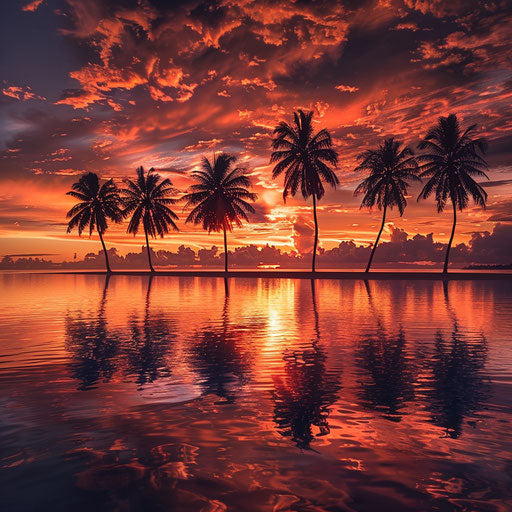 Bora Bora beach with palm trees silhouetted against a fiery sunset