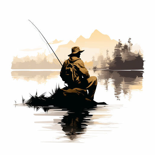 Fishing illustration in the style of Chiaroscuro Art, on white background