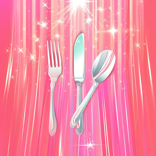 Restaurant logo in pink and silver with a vibrant background