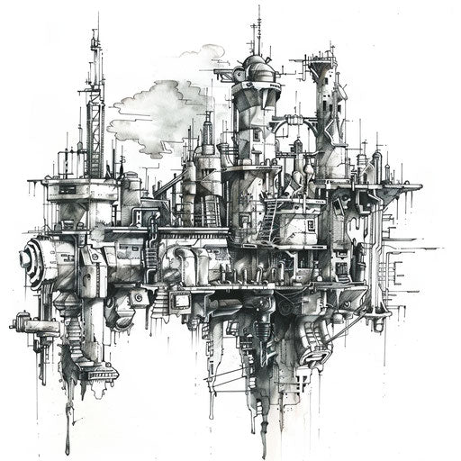 Post-apocalyptic mechanical tattoo design with dystopian cityscape and machinery, on white background.