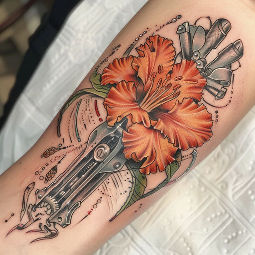 Steampunk carnation tattoo with mechanical elements