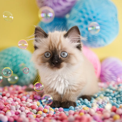 Himalayan kitten playing with bubbles in a colorful room