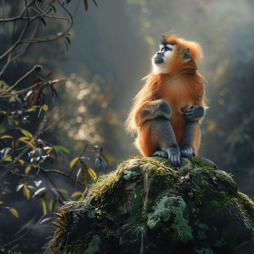Yunnan snub-nosed monkey meditating on mossy rock