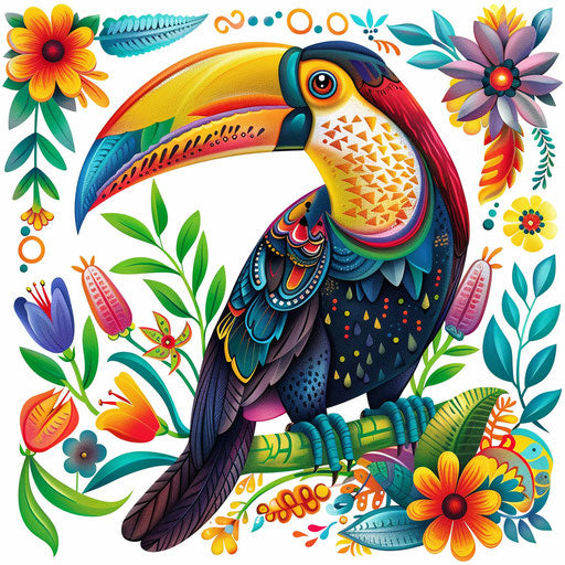 Realistic toucan clipart on flat white background, vibrant colors and intricate patterns