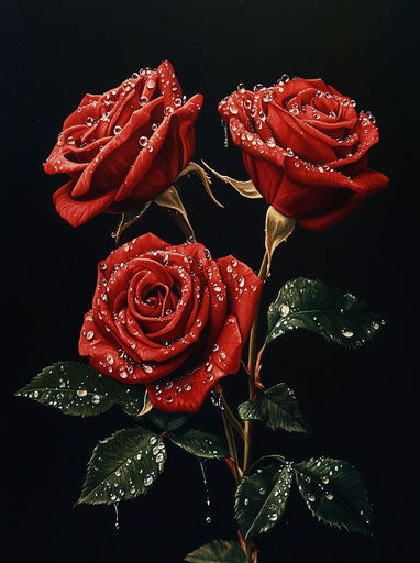 Three red roses with rain drops and diamonds