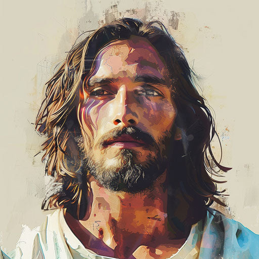 Jesus clipart in photorealistic style with a flat random background, minimalist design and subtle shading