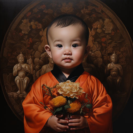 Baby in traditional dress holding flowers under temple