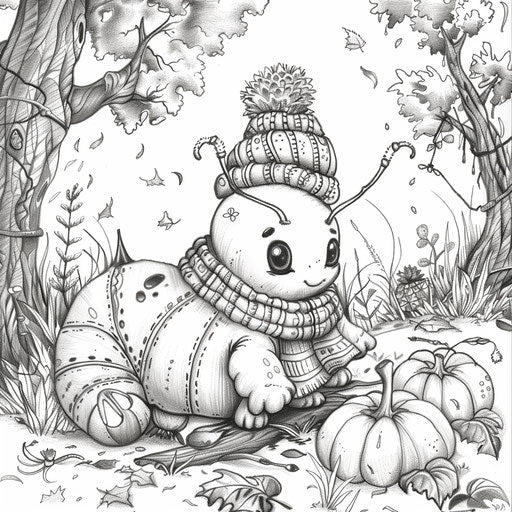 Playful caterpillar with scarf and hat in autumn