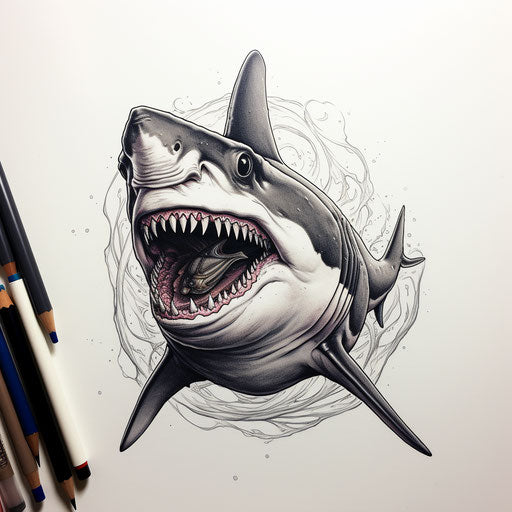 Shark attack in bronze ink, fisheye effect, white and gray