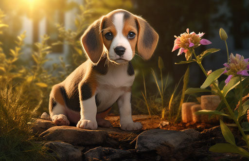 Beagle puppy sitting on a lawn with other flowers