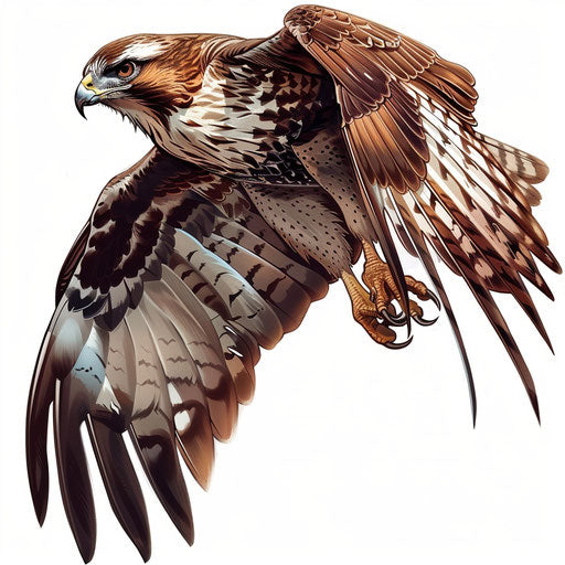 Realistic hawk in flight, artistic tattoo on white background