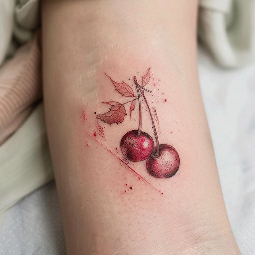Elegant cherry tattoo with fine art style, soft brush strokes