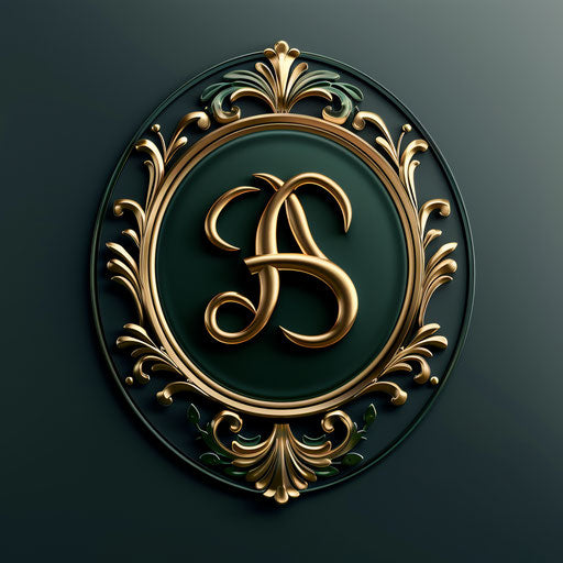 3D logo with a traditional serif font and a classic emblem, in dark green and gold