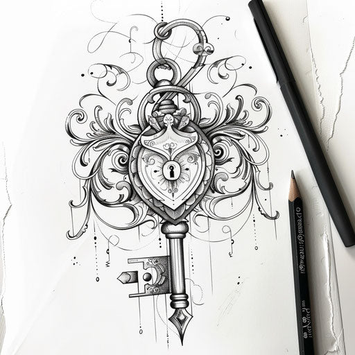 Flat tattoo sketch of a lock and key with names engraved, symbolizing union