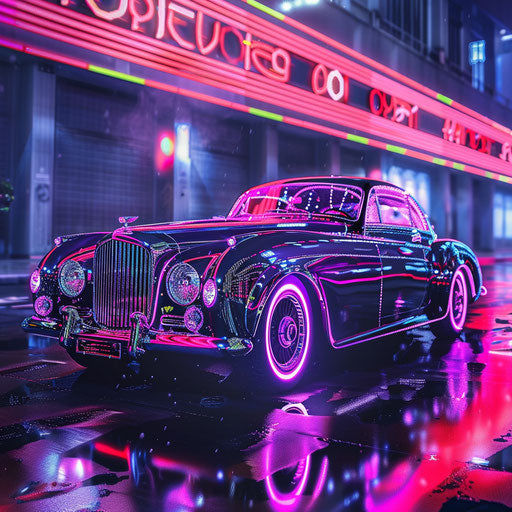 Cyberpunk-style Bentley R Type Continental with neon underglow and digital graffiti