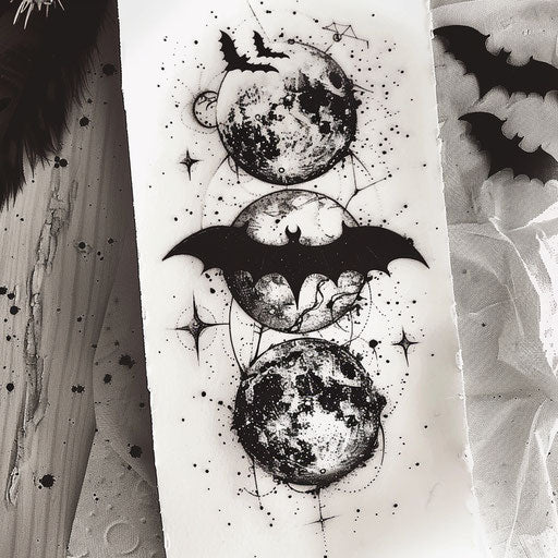 Mystical moon phases tattoo with Halloween twist on white canvas