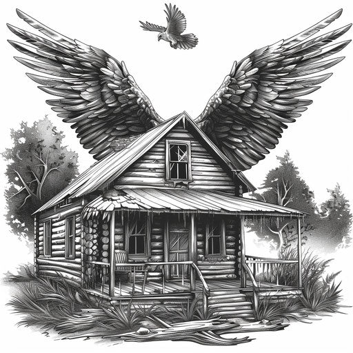 Cabin clipart with detailed wings on monochrome background
