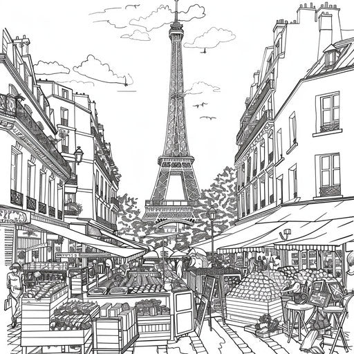 Eiffel Tower and bustling Parisian market