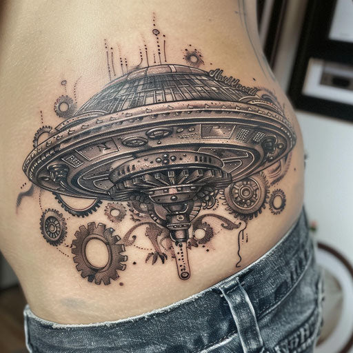 Steampunk UFO tattoo with gears on white background