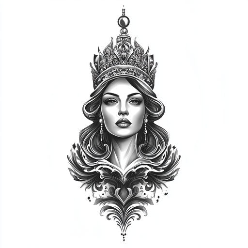 Regal queen tattoo sketch in grayscale on white