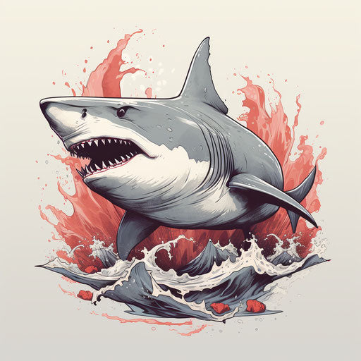 Shark and rocks isolated on grey sketch, light red style