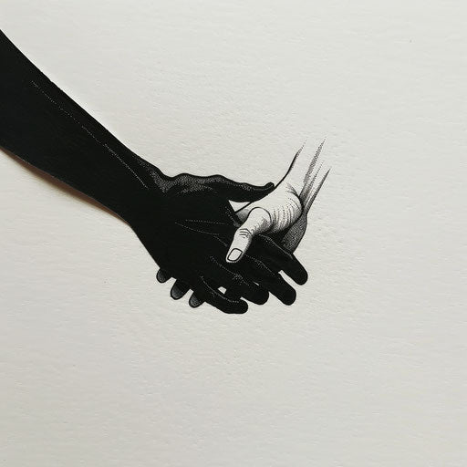 Minimalist black and white clipart style flat tattoo sketch of holding hands, representing unity