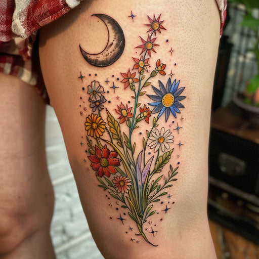Wildflower tattoo with crescent sun and moon