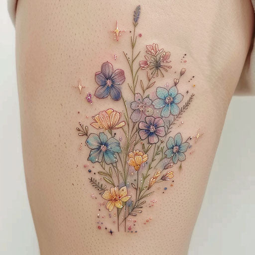 Wildflower tattoo with stars, cosmic elements, soft colors