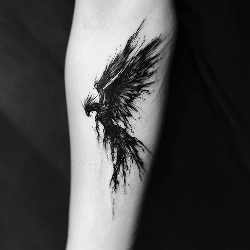 Dark angel with broken wings on inner forearm