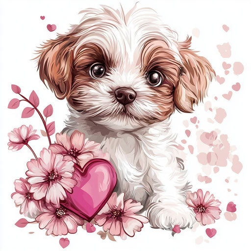 Sweet puppy with flowers and heart, pink vinyl decal