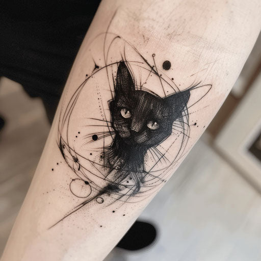 A black cat tattoo with a twist of surrealism
