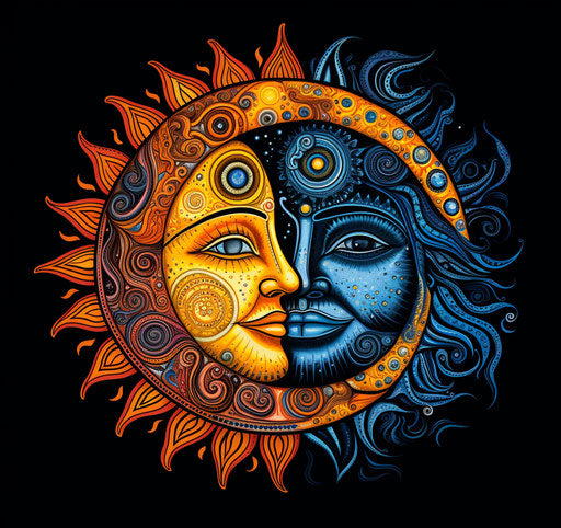 Colorful sun and moon face tattoo portrait drawing in black and white ink