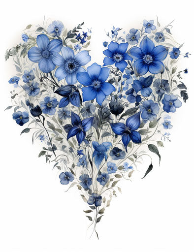 Heart of blue flowers in Wiccan style, romanticized countryside