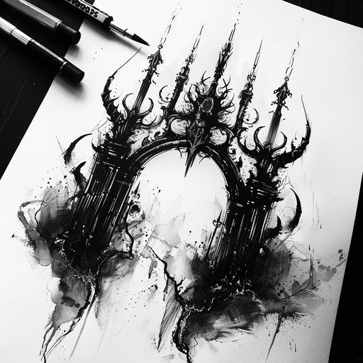 Minimalist black and white tattoo sketch of the gates of hell