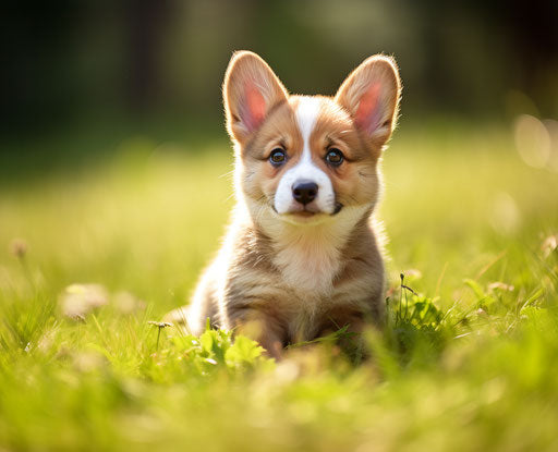 Young corgi puppy sitting in green grass