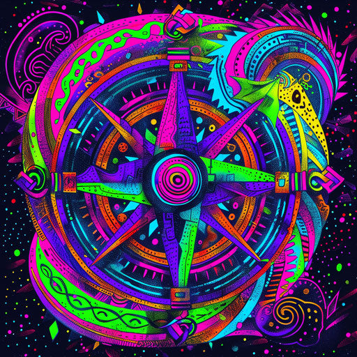 Psychedelic tattoo sketch of a Viking compass
