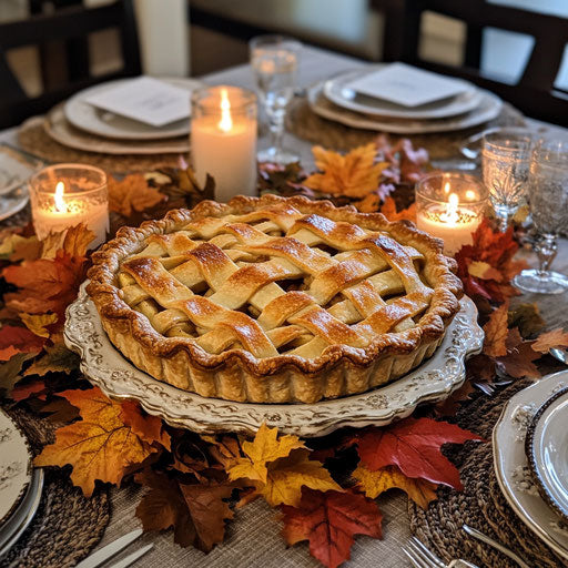 Thanksgiving table with apple pie centerpiece, fall leaves and candles.