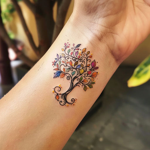 Sketch of a whimsical tree of life tattoo with colorful leaves for women wrist coverup tattoo